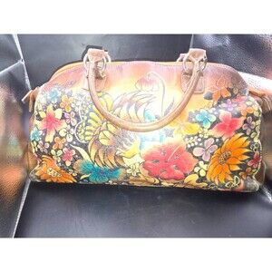 Vintage Biacci Leather Handpainted Handbag Satchel Large Floral Geometric